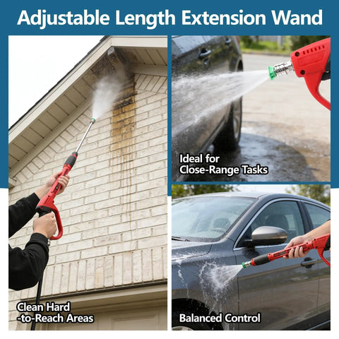 Beefy Pressure Washer Gun And Hose Kit For 25Ft High Pressure Cleaning Spray Gun With Wand Extension 5 Nozzles M22 14mm Fittings 3600 PSI Durable Quick Connect Hose in use on various surfaces.