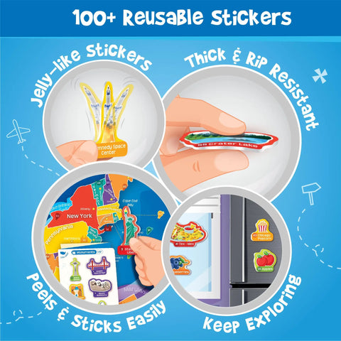 USA Map With Reusable Stickers Wall Chart For Kids, 100 Plus Jelly Stickers showing easy to peel and stick features on map or surfaces