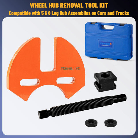 Front view of orange wheel hub removal tool with threaded pull rod, black washers, and blue case, fits 5–8 lug hubs