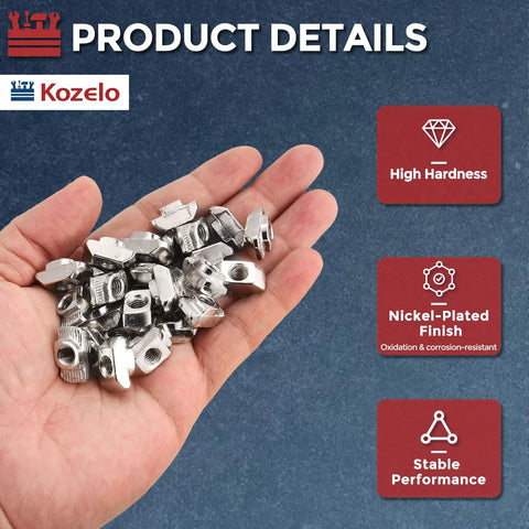 Hella Durable 50 Pack T Slot Nuts Industrial Grade Fabricated For Seamless Aluminum Extrusion 4545 Series Assemblies in hand.