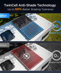 200W N-Type Bifacial Solar Panel 16BB High Efficiency showing anti-shade technology on RV rooftop with power output comparison