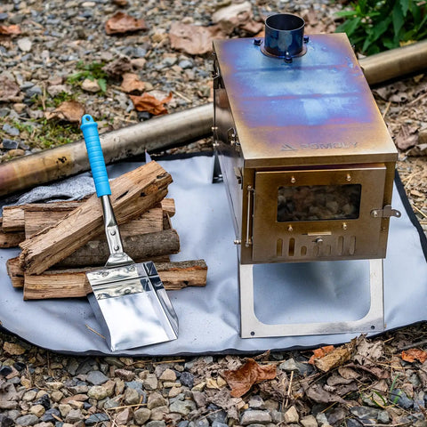 Heavy Duty Wood Stove Ash Shovel With 14.6 Inch Rust Resistant Blade, Blue Handle, Stainless Steel Scoop And Hanging Hook For Fire Pit BBQ Campfire Cleanup, Easy Pile And Sift Ashes Safely next to wood stove