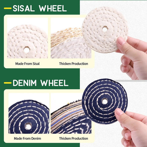 Badass 3 Inch Buffing Polishing Wheel Kit Featuring Workhorse Sisal Denim And Ultra Plush Cotton Buffer Discs with two fabric wheels.