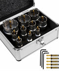 Dedicated 18 Pcs Carbide Hole Saw Kit Cuts Tough Metal Fast Includes Nine Sizes From 9/16 Inch To 2-3/8 inch Plus Pilot Bits And Hex Keys For Stainless Steel Sheets, open case with carbide hole saws and pilot bits