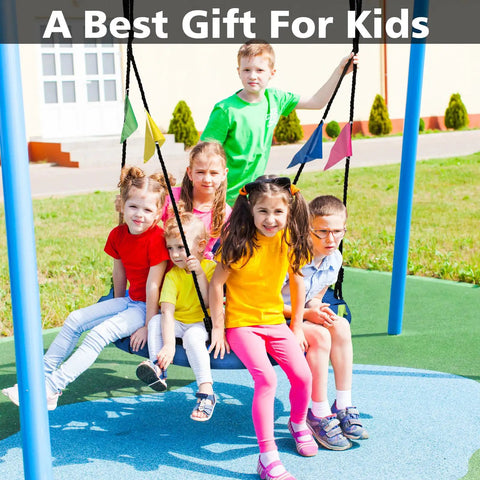 Children playing on 48 Inch Saucer Swing For Backyard Fun The Whole Family Can Ride Together 900 Lbs Capacity With Adjustable Hanging Straps