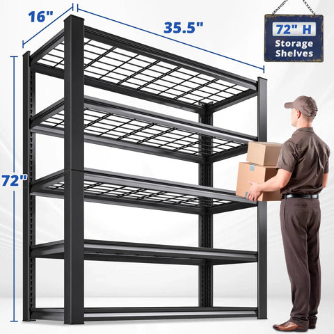 72 Inch Beefy Heavy Duty Garage Shelving Unit With Adjustable Metal Shelves For Basement Storage, Ultra Strong Steel Frame, Reinforced Uprights, Easy Assembly, Crazy High Load Capacity For Tools And Gear showing 72in black steel shelves