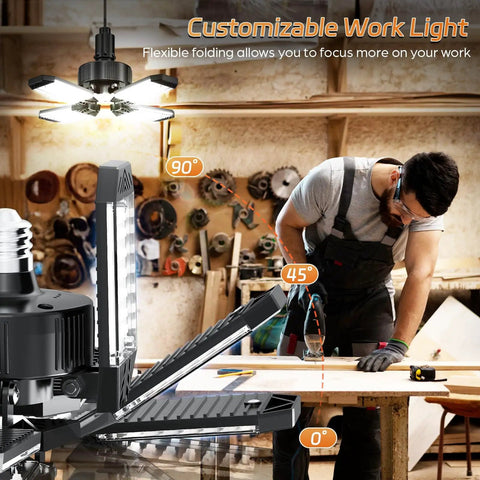 Hella Bright 120W LED Garage Light With Four In One Deformable Panels 12000LM 6500K Daylight E26 E27 illuminating a workshop