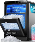 Quick Freeze Countertop Nugget Ice Maker Delivers 44 Pounds Of Soft Sonic Pellet Ice Daily With No Hassle Auto Wash And Smooth Chilling Performance For Everyday Households And Office Crews, showing ice discharge and glass.
