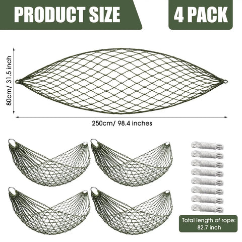 4 Pack Mesh Hammocks Set For Outdoor Chill Pine Green Nylon Hammocks 98.4 x 31.5 Inches Each Holds Up To 220 Lbs Comes With 2 Straps