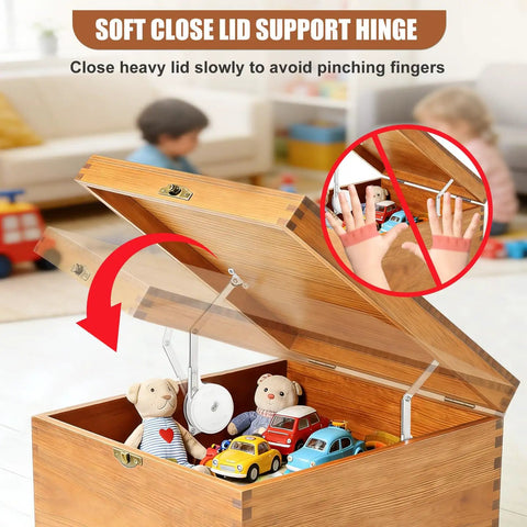 Soft Close Toy Box Hinges With Heavy Duty Zinc Alloy Lid Support And Smooth Quiet Dampers installed on wooden toy chest.