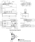 Technical schematic of Heavy Duty Floor Spring Glass Door Hinge Auto Closing for wide openings up to 264 lbs, fits 31.5 to 39.4 inch door width.