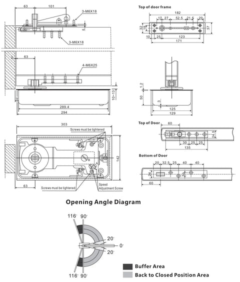 Technical schematic of Heavy Duty Floor Spring Glass Door Hinge Auto Closing for wide openings up to 264 lbs, fits 31.5 to 39.4 inch door width.