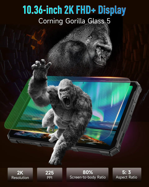Badass Rugged 5G Tablet With 10.36 Inch FHD Plus 2K Display showcasing vibrant graphics and Gorilla Glass 5 protection.