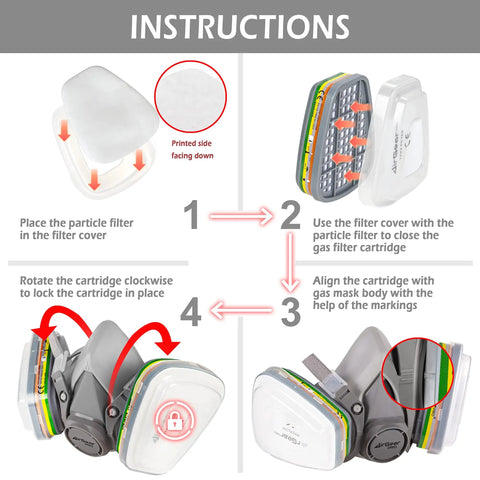 Instruction steps for assembling Multi Gas Cartridge With Carbon Filters for Reusable Respirator G-500 M-500 and G-750