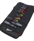 18 Pocket Tool Roll Bag For Tools, Water Resistant And Heavy Duty Organizer With 18 Pockets, Rain Defender 600D Polyester, open view with tools.