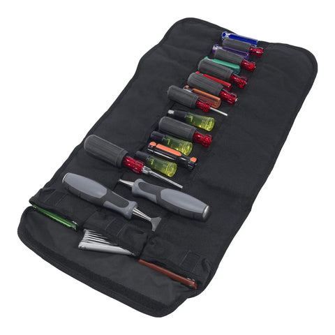18 Pocket Tool Roll Bag For Tools, Water Resistant And Heavy Duty Organizer With 18 Pockets, Rain Defender 600D Polyester, open view with tools.