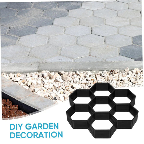 Hexagon Concrete Paver Mold For DIY Garden Paths And Patios 11.4 By 11 By 1.7 Inch Reusable Plastic Floor Tile Mold Durable For Outdoor Walkways And Patio Projects shown with finished hexagon pavers
