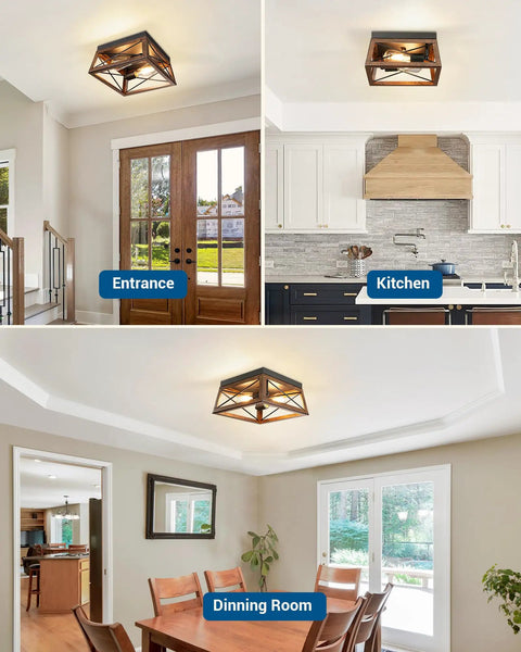 Industrial Flush Mount Ceiling Light With Two Metal Fixtures, Vintage Farmhouse Style, wood grain accent in entrance, kitchen, dining room.