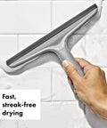 Stainless Steel Shower Squeegee With Slim Profile For Streak Free Drying On Shower Doors Tiles And Mirrors Grab And Go Style With Adhesive Suction Holder For Easy Hanging, held on tiled wall