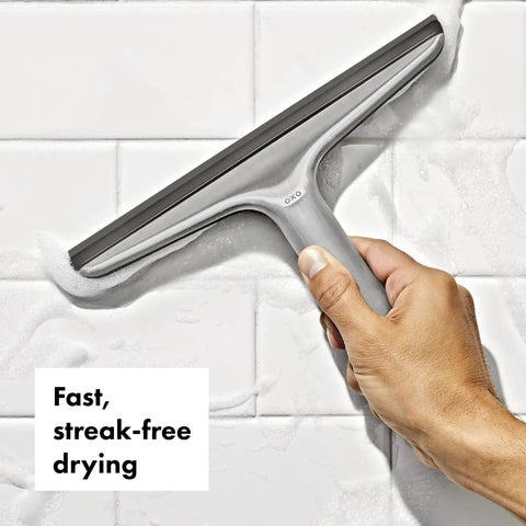 Stainless Steel Shower Squeegee With Slim Profile For Streak Free Drying On Shower Doors Tiles And Mirrors Grab And Go Style With Adhesive Suction Holder For Easy Hanging, held on tiled wall