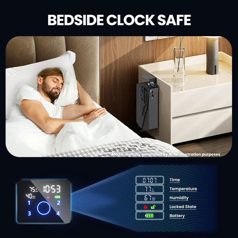 Slick Grab And Go Biometric Bedside Gun Safe For Handguns shown as a bedside clock safe near a sleeping man.