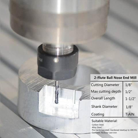 Close-up of a Five-Piece Ball Nose Router Bit Set With One Eighth Inch Cutting Diameter One Half Inch Cutting Length in use on metal