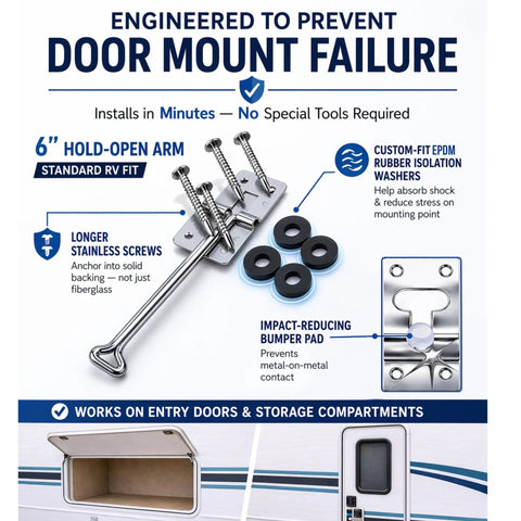 Door Holder Reinforcement Kit For Wind Slam Prevention On RV Doors And Storage Compartments with components and installation guide.