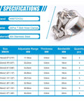 Specifications for 24-Piece T Bolt Hose Clamps Set For Fuel Lines And Intercooler Piping 17-43mm, 304 stainless steel shown.