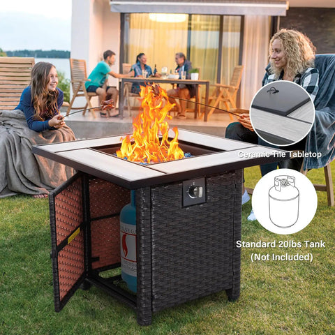 30 Inch Wicker Patio Fire Pit Table With Fire Glass for Outdoor Parties and Gatherings in Garden Backyard Porch Hangout Ready 50000 BTU Rust Resistant Steel Frame Included