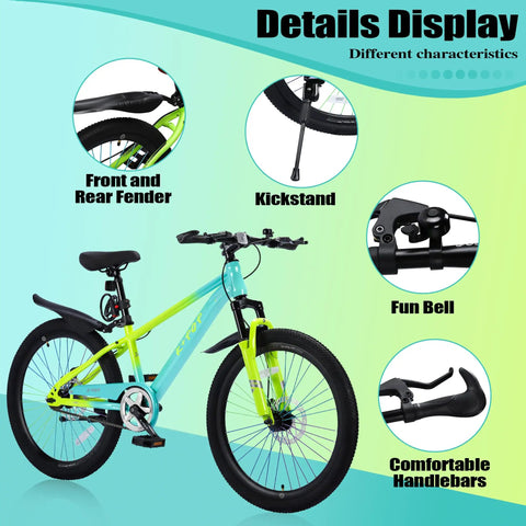 Details of 24 Inch Kids Mountain Bike For Boys And Girls Ages 8 To 12 With Front Suspension Fork, single speed, fenders, kickstand