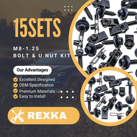 15 Piece M8-1.25 Extruded U Nut And Body Bolts Screw Kit For GM Ford Chevy Buick GMC Cadillac Hummer Oldsmobile Pontiac Saturn Cars And Trucks Multi Purpose Auto Body Fastener Set displayed with hardware images.