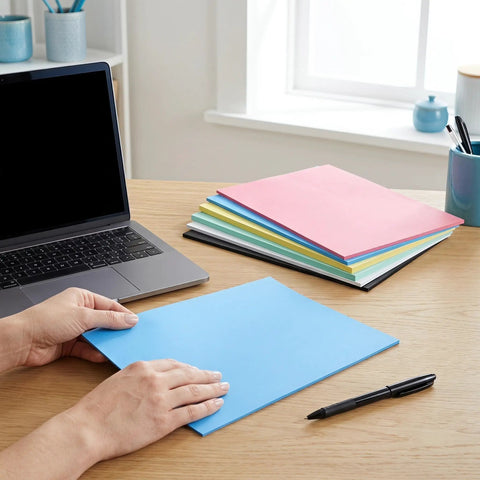 Colorful Carbon Tracing Paper Pack for Erasable Transfers on A4 Sheets, Perfect for Wood, Canvas, Embroidery and Crafts, Mess Free, Quick Copy, Ideal for Artists, Designers, and DIY Projects, blue sheet on desk