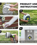 Retractable Garden Hose Reel With Half Inch 65 Ft Heavy Duty Hose, 10 Spray Patterns shown in use and storage instructions.