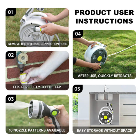 Retractable Garden Hose Reel With Half Inch 65 Ft Heavy Duty Hose, 10 Spray Patterns shown in use and storage instructions.