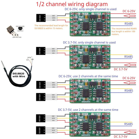Wiring diagram for 2 Channel Modbus Temperature Sensor Module With DS18B20 RS485 Adapter Board For PLCs And Paperless Recorders