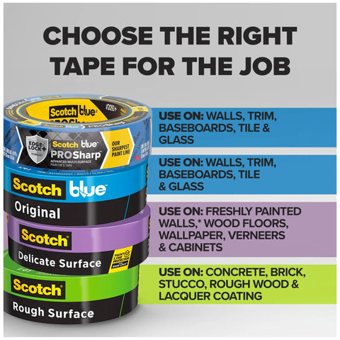 Stack of Scotch tapes for different surfaces and applications, including Multi Surface Painter Tape Set, 0.94 Inch Wide Blue Masking Tape.
