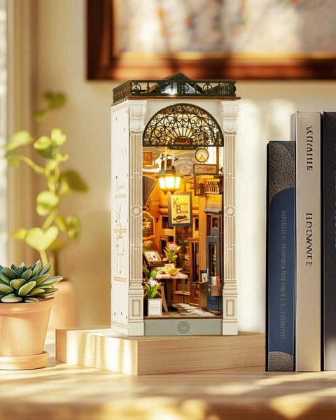 DIY Book Nook Kit European Arcade Street Scene With LED Lighting 3D Wooden Puzzle Miniature House on bookshelf