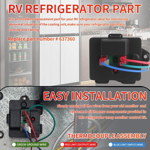 637360 Temp Monitor Control Kit for RV Refrigerator Overheat Sensor with wires and connectors visible, easy installation design.