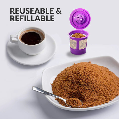 Reusable K Cup Filter Pod Kit For 1.0 And 2.0 Single Serve Coffee Makers with coffee grounds and cup