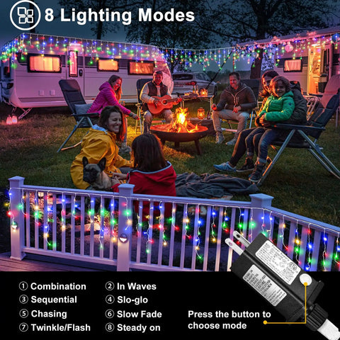 Campers inside a fenced area illuminated by Green Outdoor Icicle Christmas Lights 33ft 400 LED with Connectable Clear Wire 8 Modes Timer Waterproof Plug In for Home Yard Eaves Party Room Indoor Decoration Weather Resistant Energy Efficient Easy To Install.