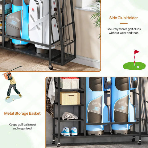 Two Bag Golf Storage Organizer With Wheels For Your Garage Or Basement showcasing side club holder and metal storage basket