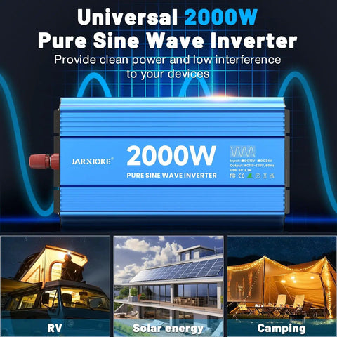 2000 Watt Pure Sine Wave Power Inverter For Home RV Off Grid Solar Systems With Dual AC Outlets USB Port LCD Display