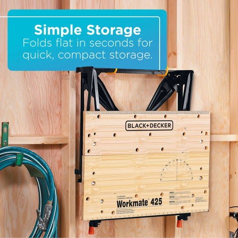 Portable Folding Workbench for DIY and Woodworking With 550 Lb Pro Grade Capacity, Clamps and Vise, hanging on wall