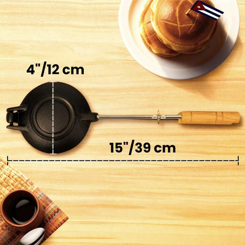 Top view of Traditional Cuban Sandwich Press Disquera De Pan Cubano 15 Inch Heavy Duty Cast Iron Grill with wooden handle.
