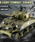 One Sixteenth Scale RC Tank M4A3 Sherman With Two Point Four GHz Remote Control, Realistic Battle Sound And Lights, US World War II Military Tank For Collectors And Hobbyists, Built Tough Metal And Plastic Build, Great For Casual Play on display with LED light and combat sound features.