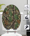 Elongated Resin Toilet Seat for Bathroom featuring a camouflage design with leaves, installed on a toilet bowl.