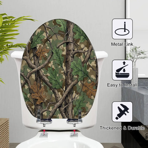Elongated Resin Toilet Seat for Bathroom featuring a camouflage design with leaves, installed on a toilet bowl.