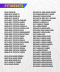 Fitment list for Toyota and Lexus models showing compatibility with fender screws, including years and specific vehicle models.