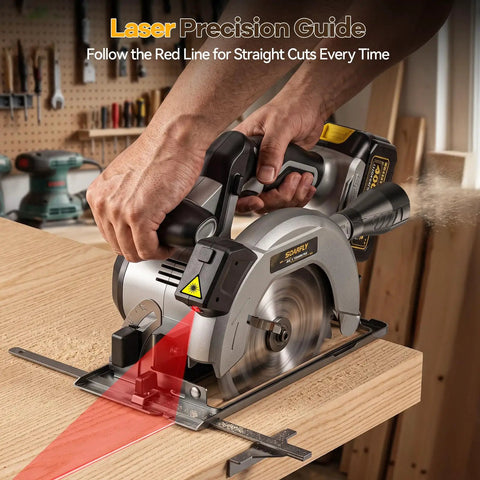 User operating a Six And A Half Inch Cordless Circular Saw Delivers Badass Cutting Force through cutting a wooden board with a laser guide.
