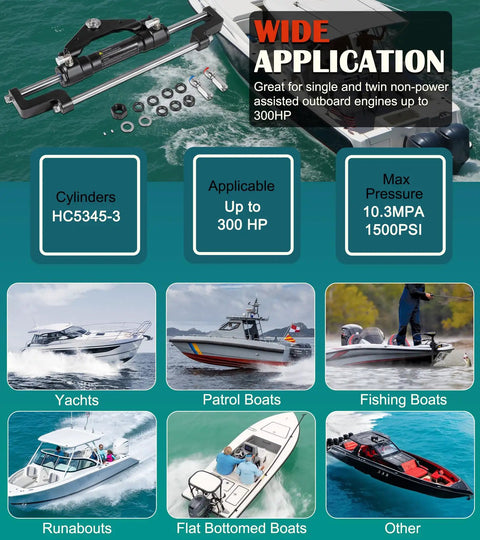Front Mount Outboard Hydraulic Steering Cylinder Kit With Two Way Lock Valve And ORB Fittings For 300HP Outboard Powered Boats Dockside Ready, Fits Center Console Bass Flats Offshore Cruisers And More Max Working Pressure 1500 PSI